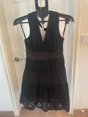 BCBG MaxAzria Black One-Shoulder Eyelet Tiered Dress with Embellished Waist